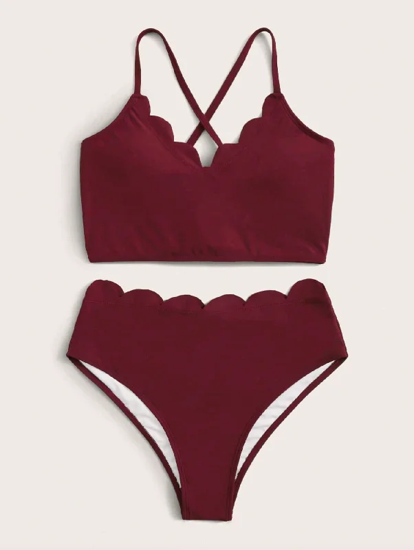 Skirt Female SwimwearBurgundy Scallop Trim Criss Cross Bikini