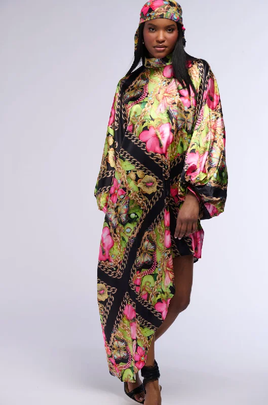 Floral DressTROPICAL VACATION PRINT SATIN MAXI DRESS IN GREEN MULTI