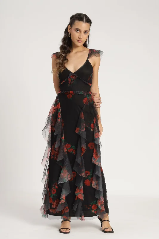 Cold-Shoulder DressMalin Maxi Dress in Black and Red Floral