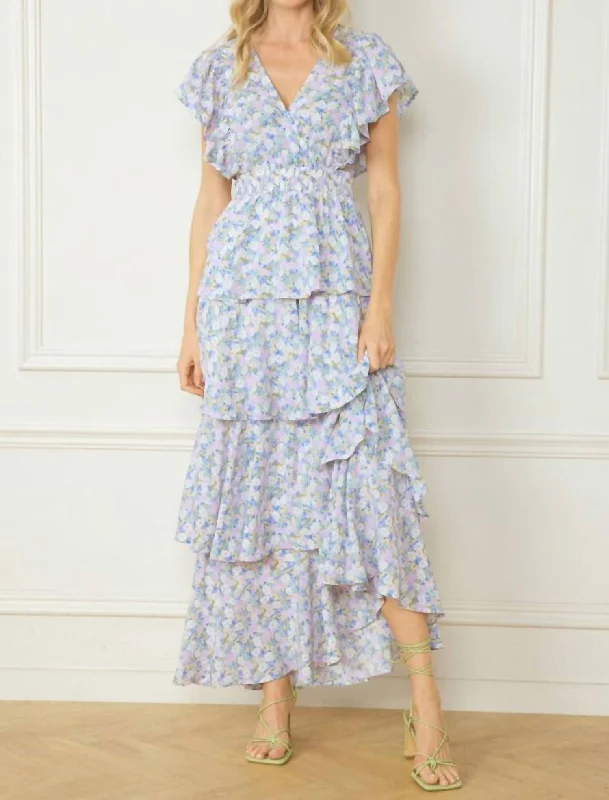 A-Line DressV-Neck Tiered Maxi Dress In Blue Floral Print