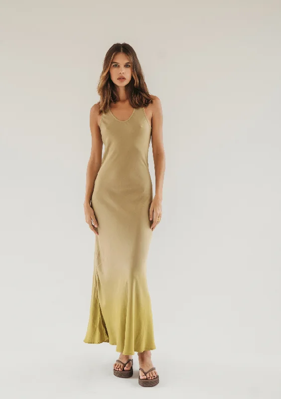 women's neon dressesDELLA BIAS MAXI DRESS - CURRY/ OLIVE OIL