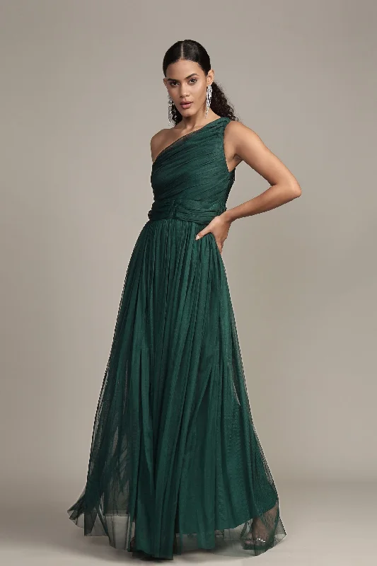 Laced DressOne Shoulder Maxi Dress in Emerald Green