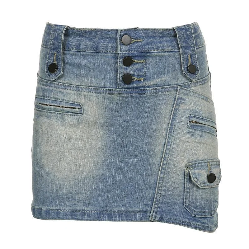 women's affordable velvet skirtsIrregular gradient button zip-up cargo pocket denim mini skirt