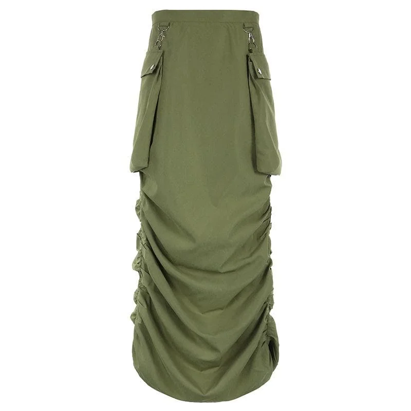 women's dressy circle skirtsRuched solid button cargo pocket zip-up midi skirt