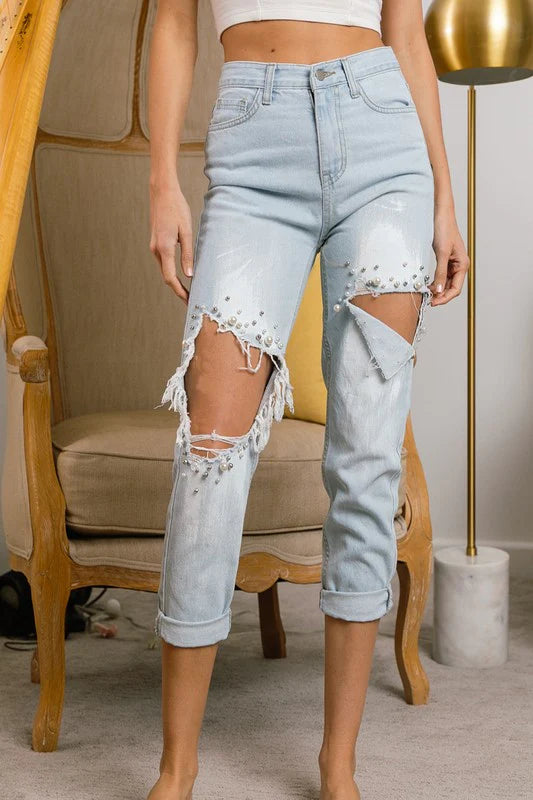 Scoop-Neck DressPearl Beaded Blue Denim Jeans