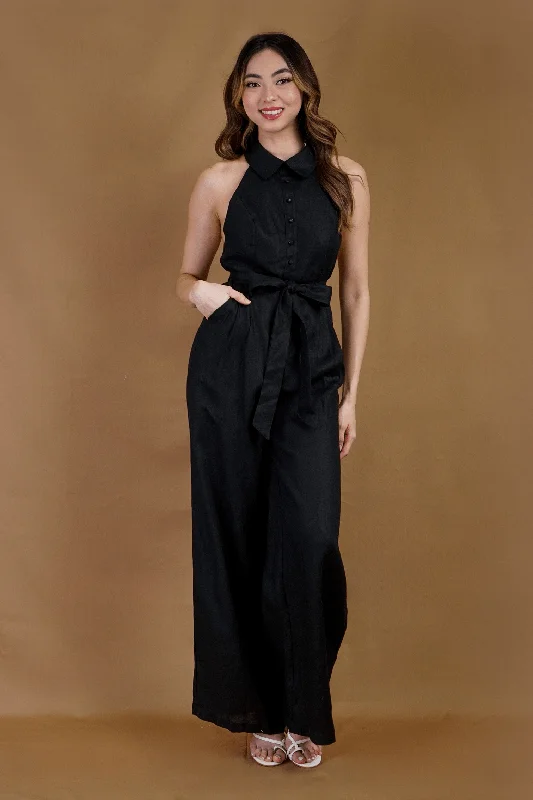 women's jumpsuits with pocketsBlack Linen Halter Jumpsuit