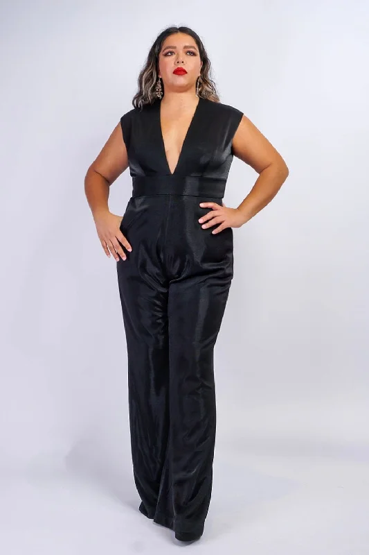 women's jumpsuits made of velvetBlack Lux Sheen V Neck Aiden Jumpsuit