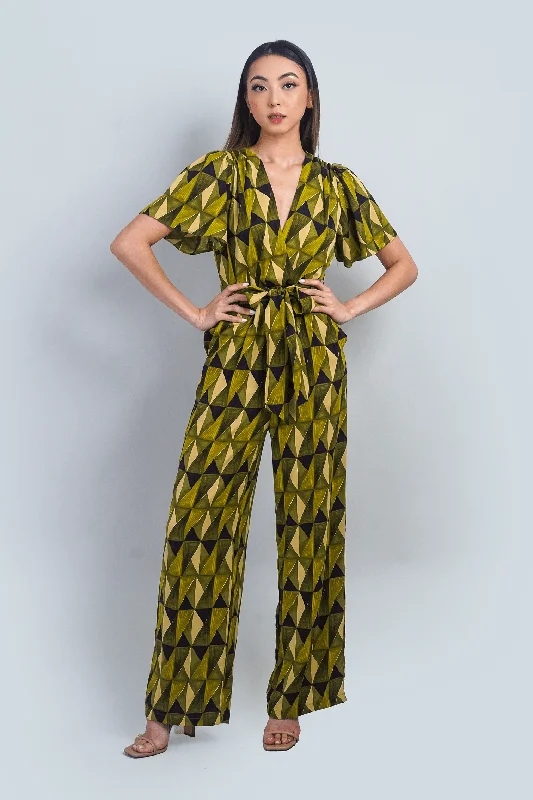 women's cozy jumpsuitsCitron Green Abstract Print Flutter Sleeve Jumpsuit