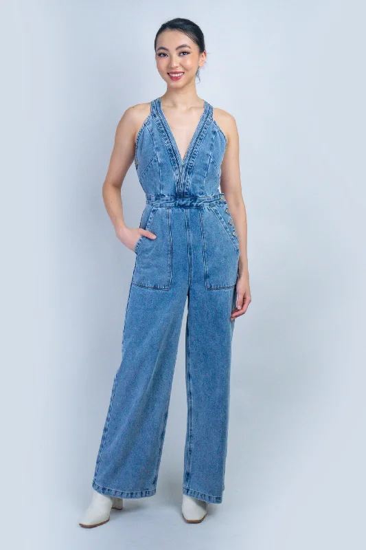 women's high-slit jumpsuitsDenim V Neckline Jumpsuit