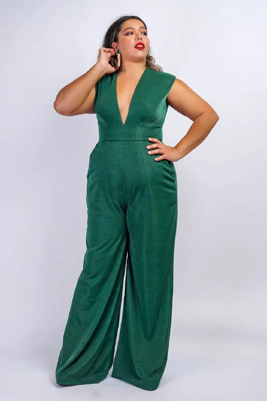 women's jumpsuits with off-the-shoulder sleevesEmerald Luxe Sheen V Neck Aiden Jumpsuit