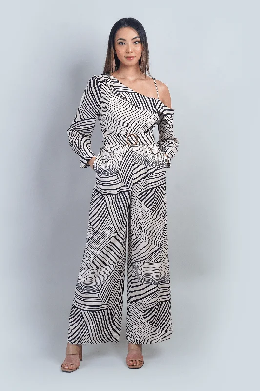 women's jumpsuits with lace detailsIvory and Black Abstract Print Asymmetrical Shoulder Jumpsuit