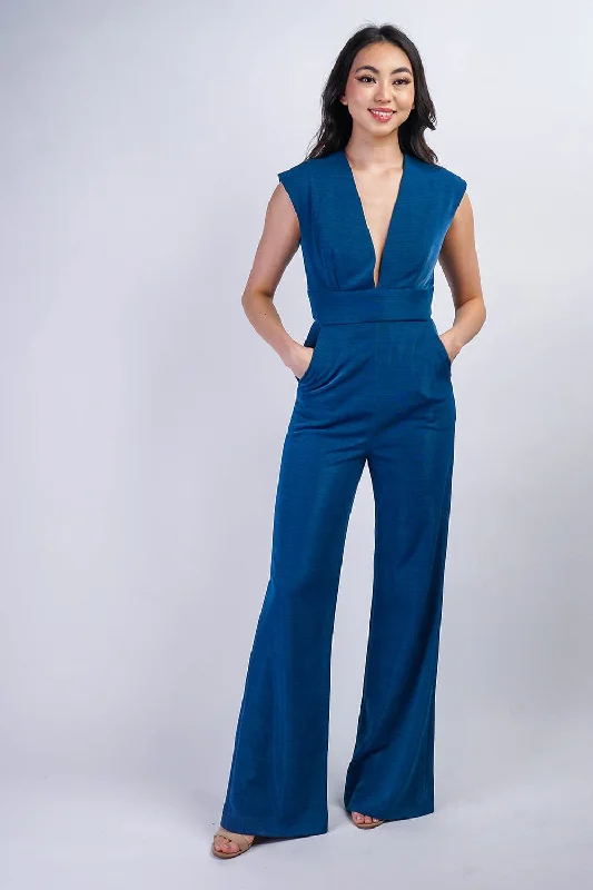 women's jumpsuits with neon colorsSapphire Blue Luxe V Neck Aiden Jumpsuit