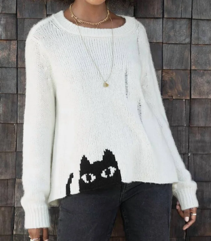 Thick SweatersBlack Cat Crew Sweater In Pure Snow/black