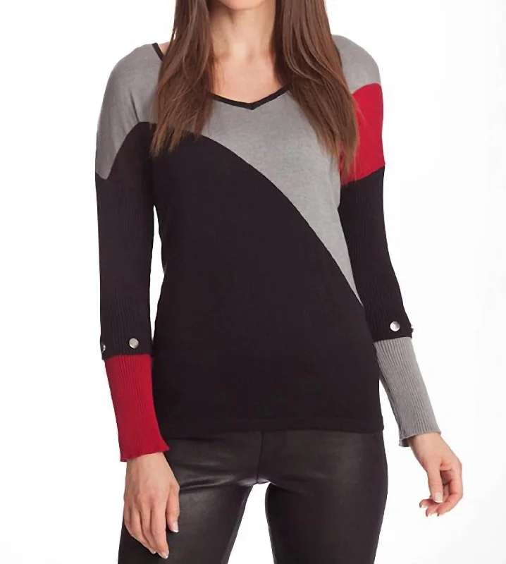 Soft SweatersColor Block V-Neck Sweater In Black Multi