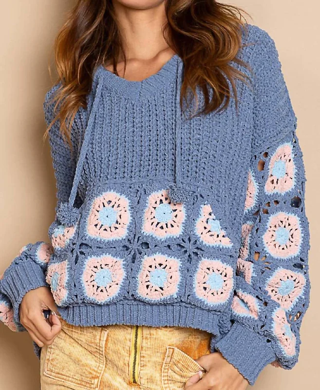 Oversized Cardigan SweatersCornflower Crochet Square Patch Hooded Pullover Sweater In Blue