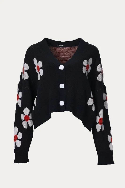 Trendy SweatersCropped Retro Floral Cardigan In Black