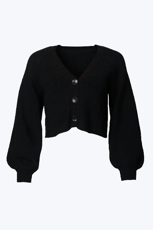 Designer SweatersCropped Slouchy Ribbed-Knit Cardigan In Black