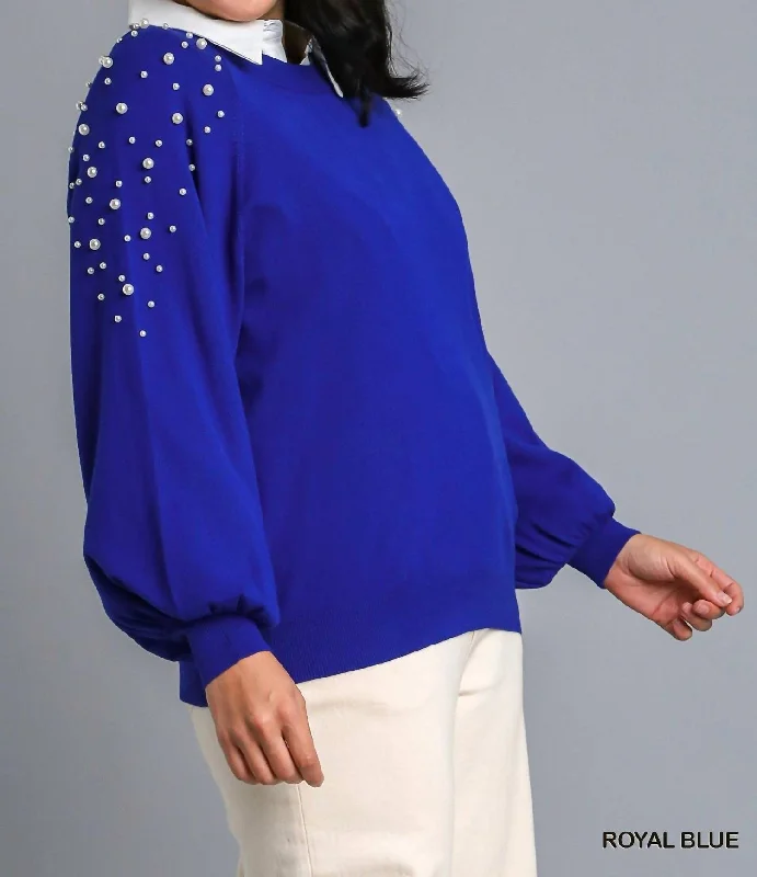 Knitted Crewneck SweatersRound Neck Pullover Sweater With Long Sleeve Pearl Details In Blue