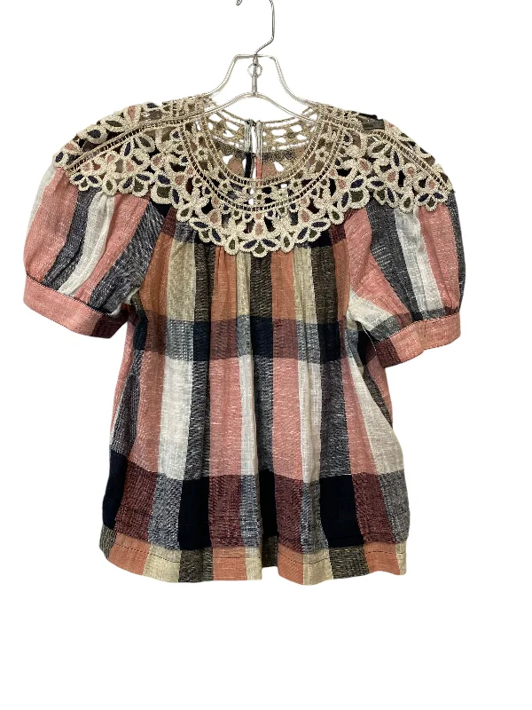 women's tops for business casual attireTop Short Sleeve By Anthropologie In Plaid Pattern, Size: Xs