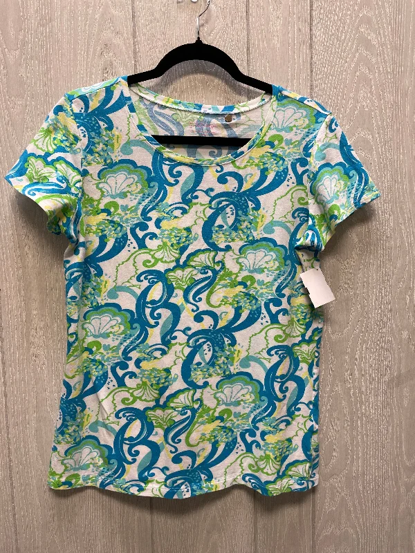 silk women's topsTop Short Sleeve By Lilly Pulitzer In Blue & Green, Size: L